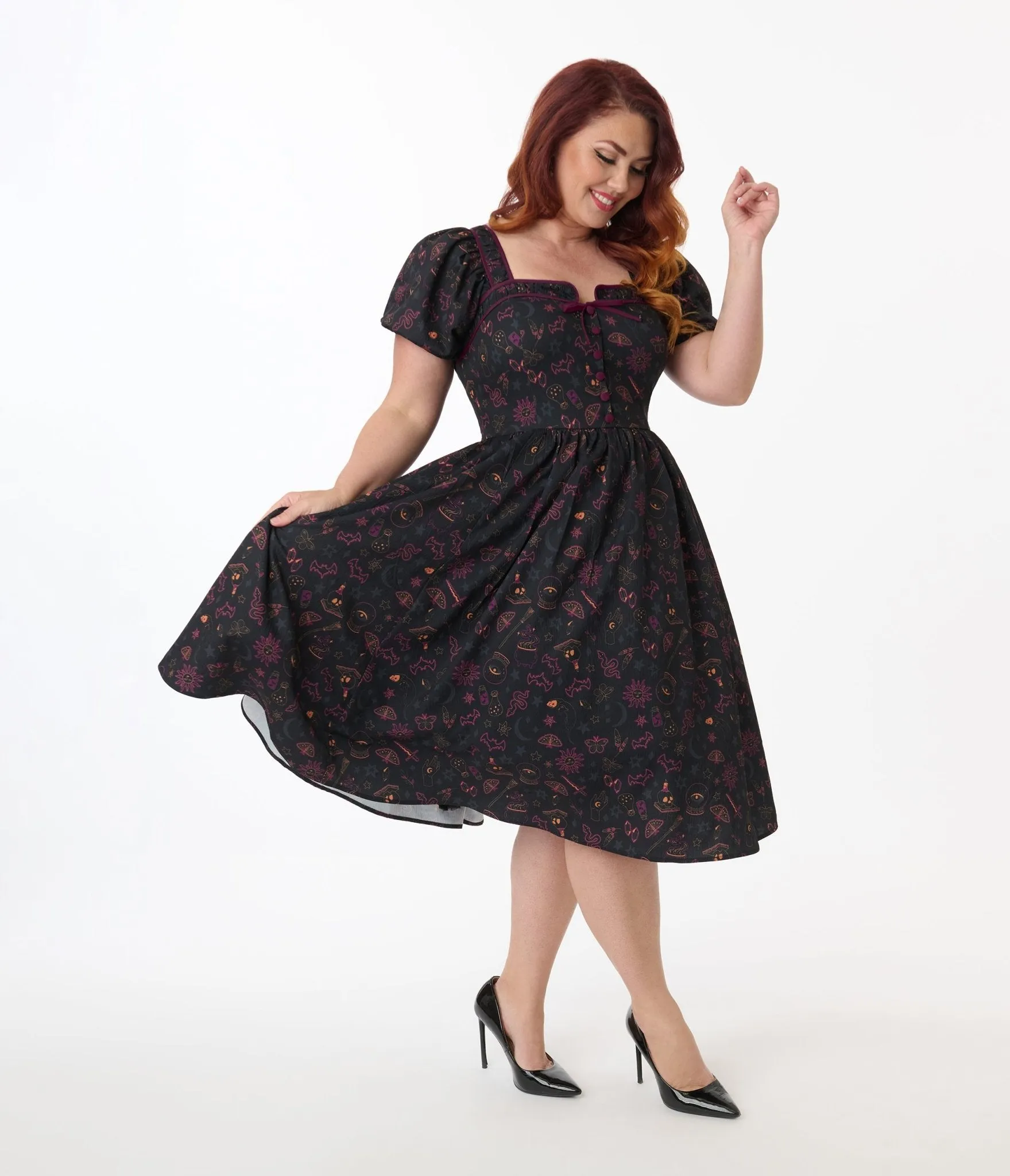 Unique Vintage Plus Size Mystical Icons Button Front Swing Dress Casual Everyday Look