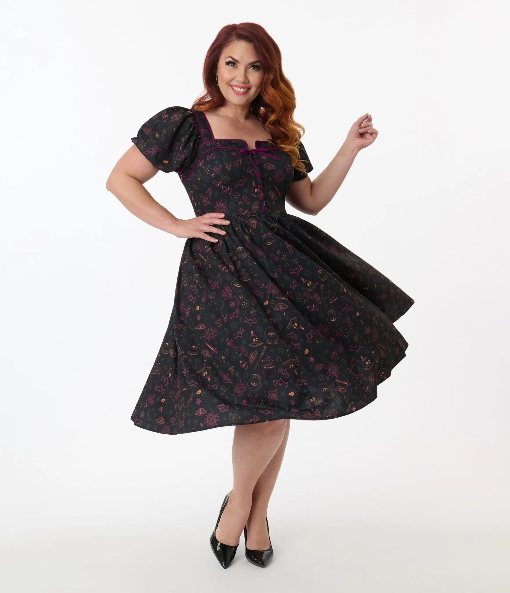 Unique Vintage Plus Size Mystical Icons Button Front Swing Dress Casual Everyday Look
