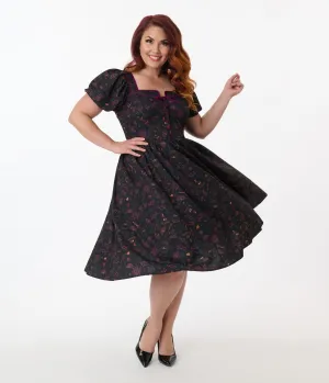 Unique Vintage Plus Size Mystical Icons Button Front Swing Dress Casual Everyday Look