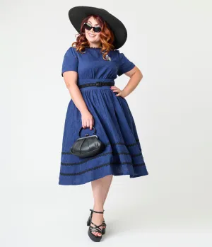 Unique Vintage Plus Size Navy & Black Peacock Cotton Swing Dress Casual Everyday Look