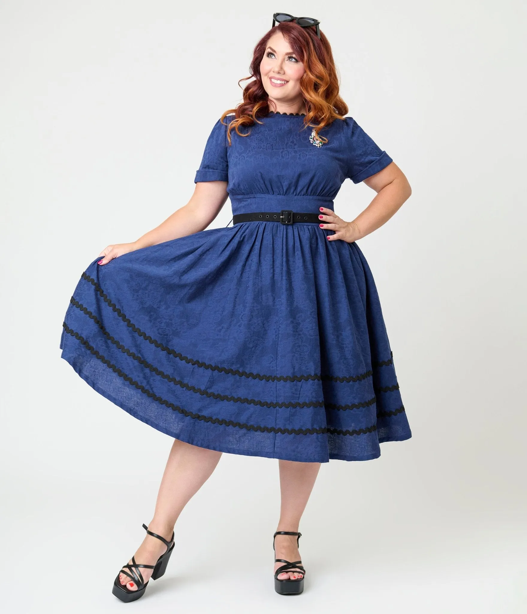 Unique Vintage Plus Size Navy & Black Peacock Cotton Swing Dress Casual Everyday Look
