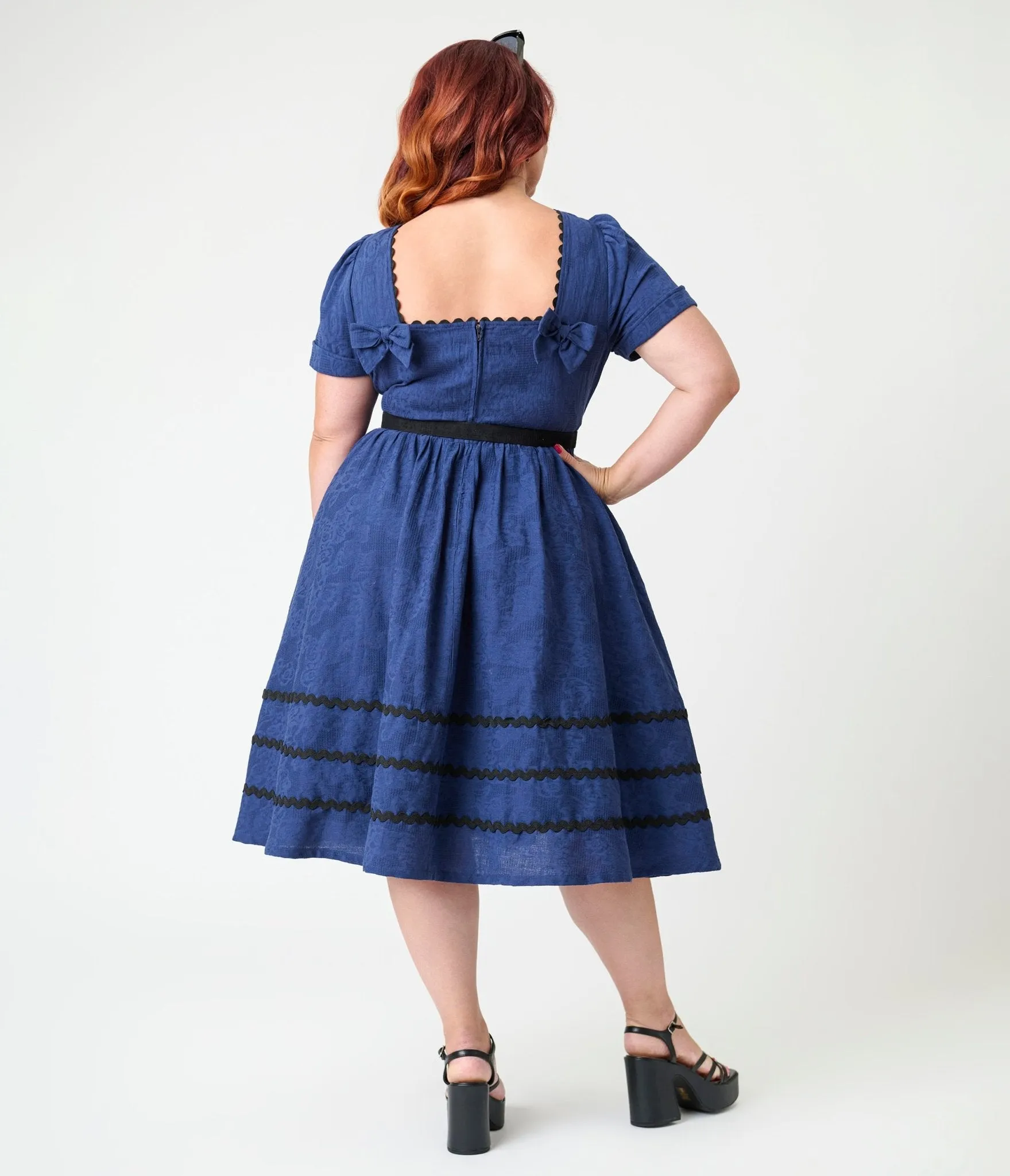 Unique Vintage Plus Size Navy & Black Peacock Cotton Swing Dress Casual Everyday Look