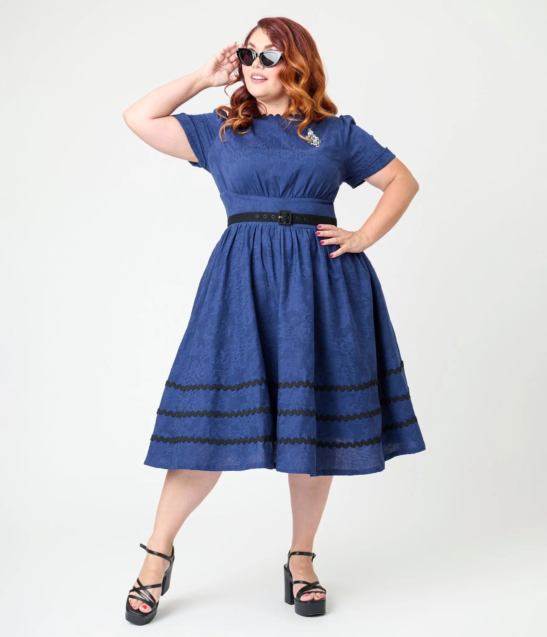 Unique Vintage Plus Size Navy & Black Peacock Cotton Swing Dress Casual Everyday Look