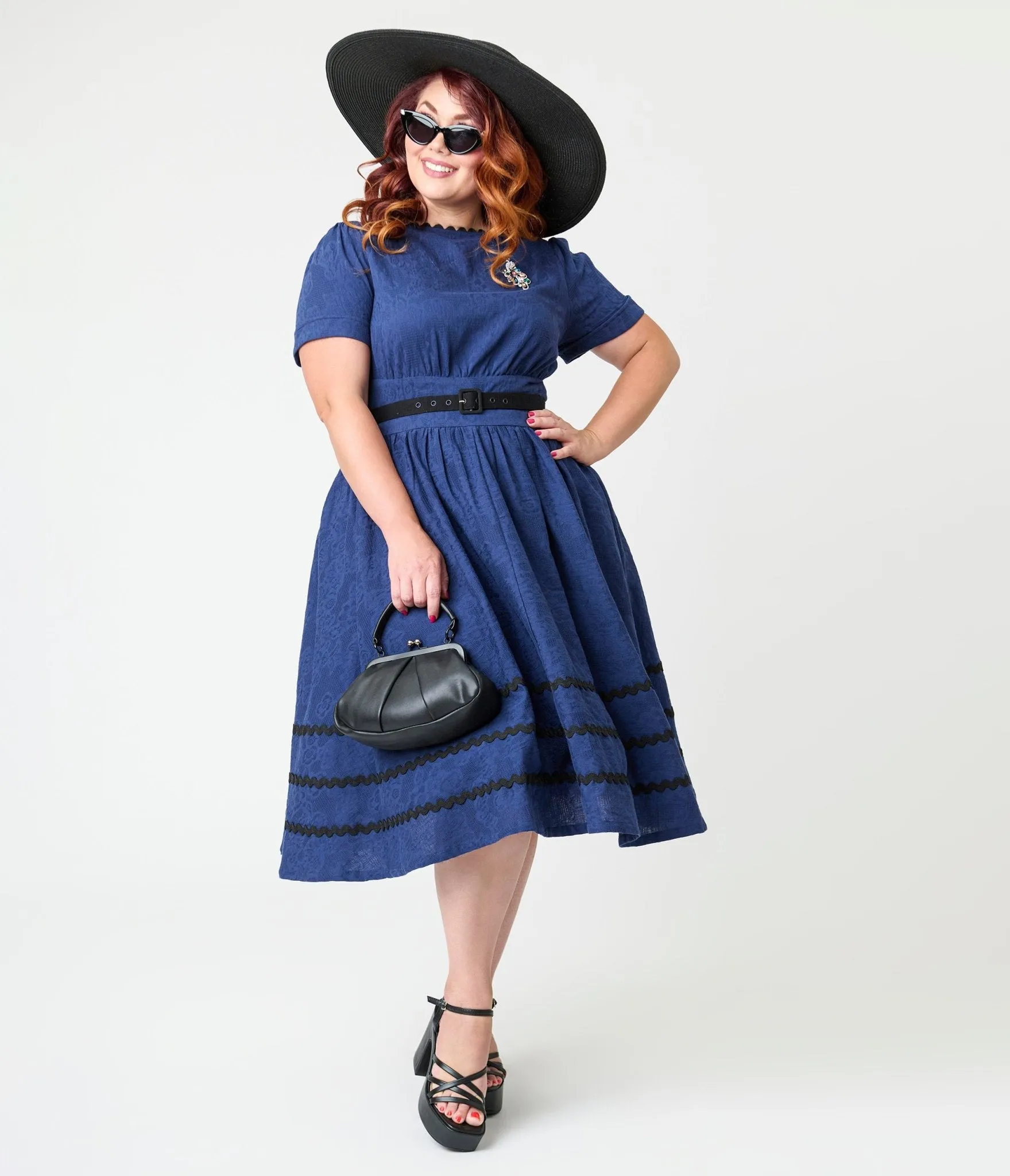 Unique Vintage Plus Size Navy & Black Peacock Cotton Swing Dress Casual Everyday Look
