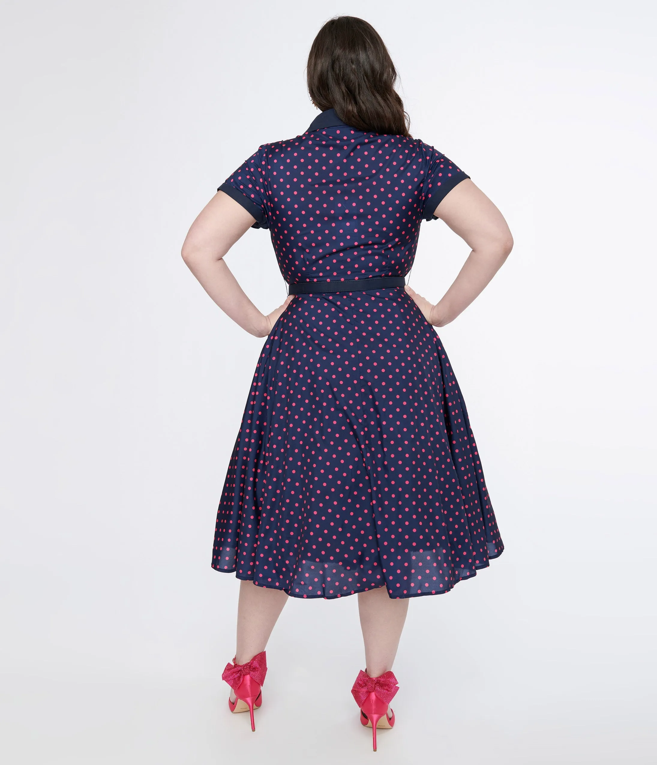 Unique Vintage Plus Size Navy & Hot Pink Dot Alexis Swing Dress Casual Everyday Look