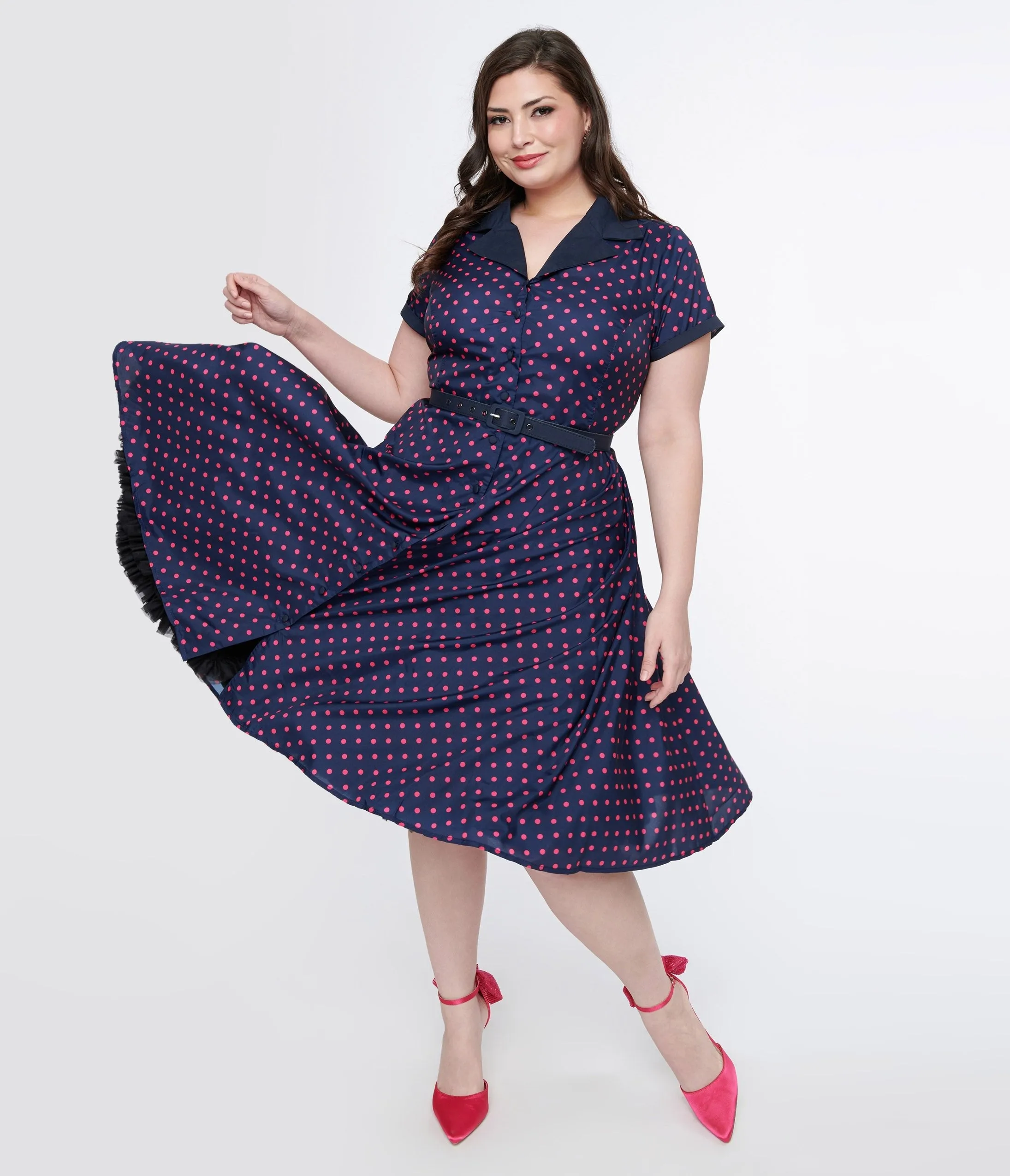 Unique Vintage Plus Size Navy & Hot Pink Dot Alexis Swing Dress Casual Everyday Look