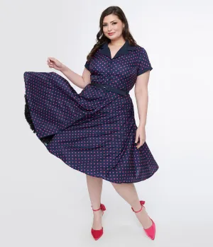 Unique Vintage Plus Size Navy & Hot Pink Dot Alexis Swing Dress Casual Everyday Look