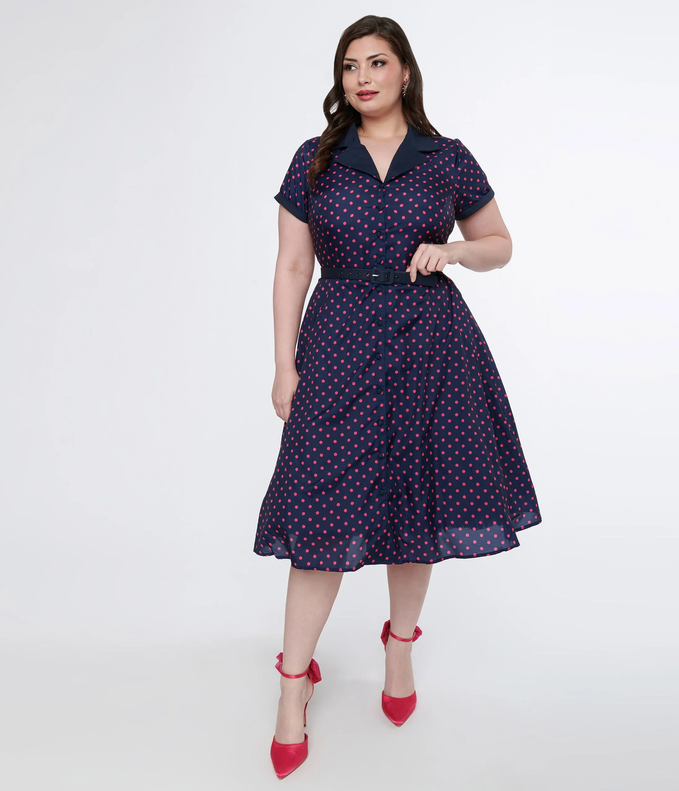 Unique Vintage Plus Size Navy & Hot Pink Dot Alexis Swing Dress Casual Everyday Look