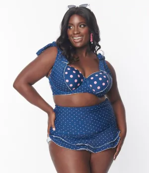 Unique Vintage Plus Size Navy & Pink Pin Dot Alice Swim Skirt Beach Vacation Ready
