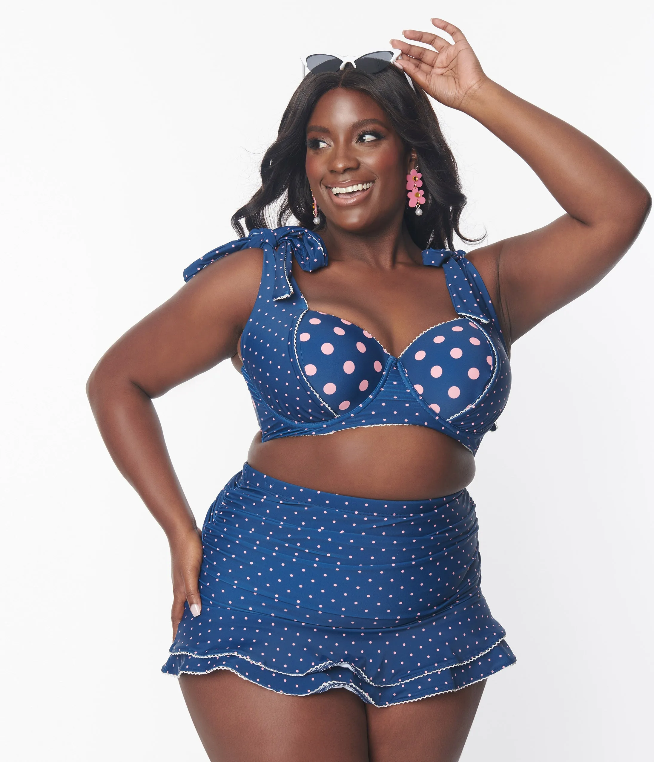 Unique Vintage Plus Size Navy & Pink Pin Dot Totally Tied Up Swim Top Beach Vacation Ready