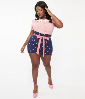 Unique Vintage Plus Size Navy & Pink Strawberry Stamp Tied & True Shorts Comfortable Travel Wear
