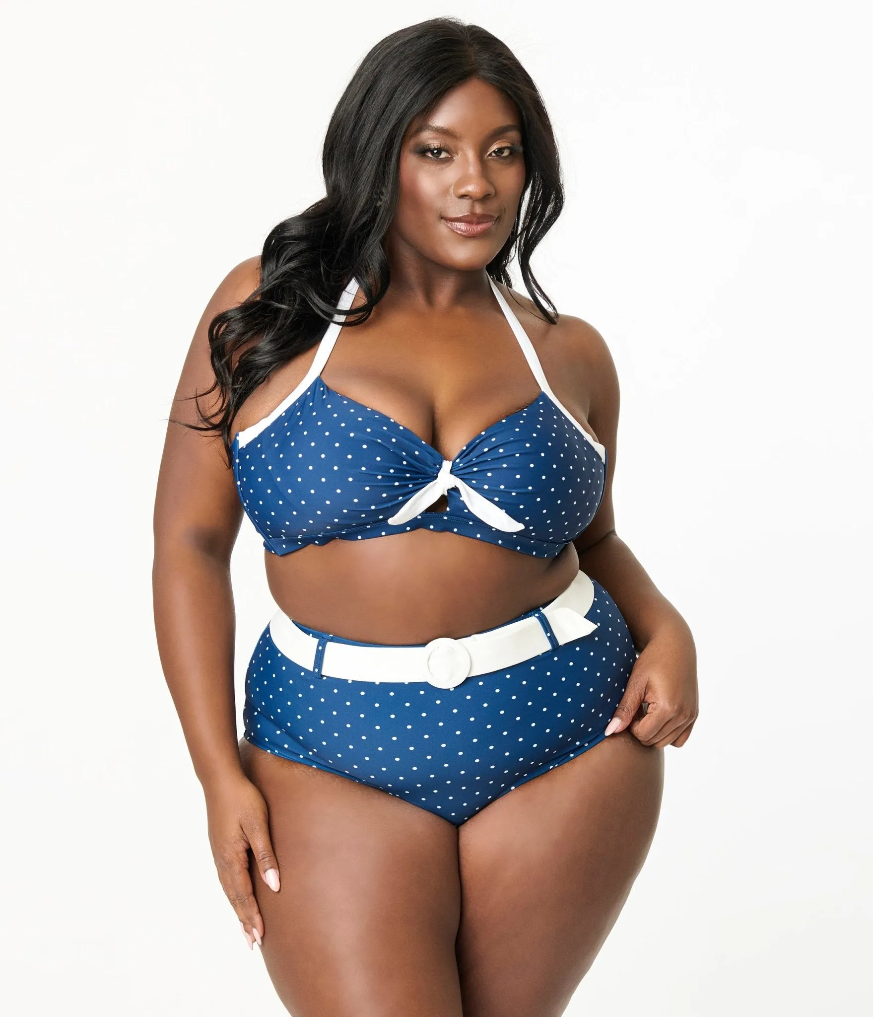 Unique Vintage Plus Size Navy & White Pin Dot Belted Swim Bottoms Beach Vacation Ready