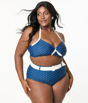 Unique Vintage Plus Size Navy & White Pin Dot Belted Swim Bottoms Beach Vacation Ready