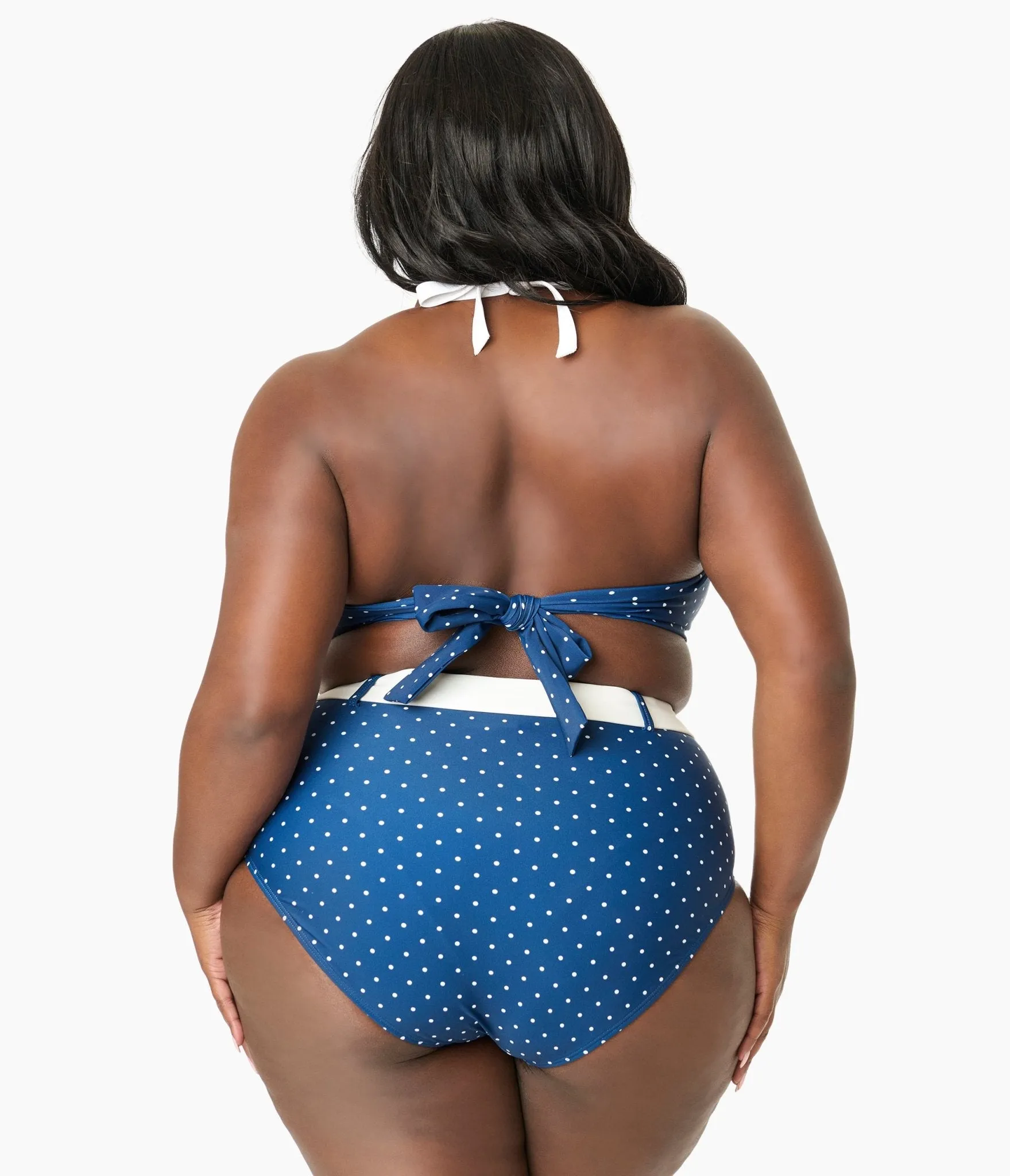 Unique Vintage Plus Size Navy & White Pin Dot Halter Swim Top Beach Vacation Ready