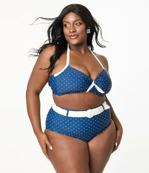 Unique Vintage Plus Size Navy & White Pin Dot Halter Swim Top Beach Vacation Ready