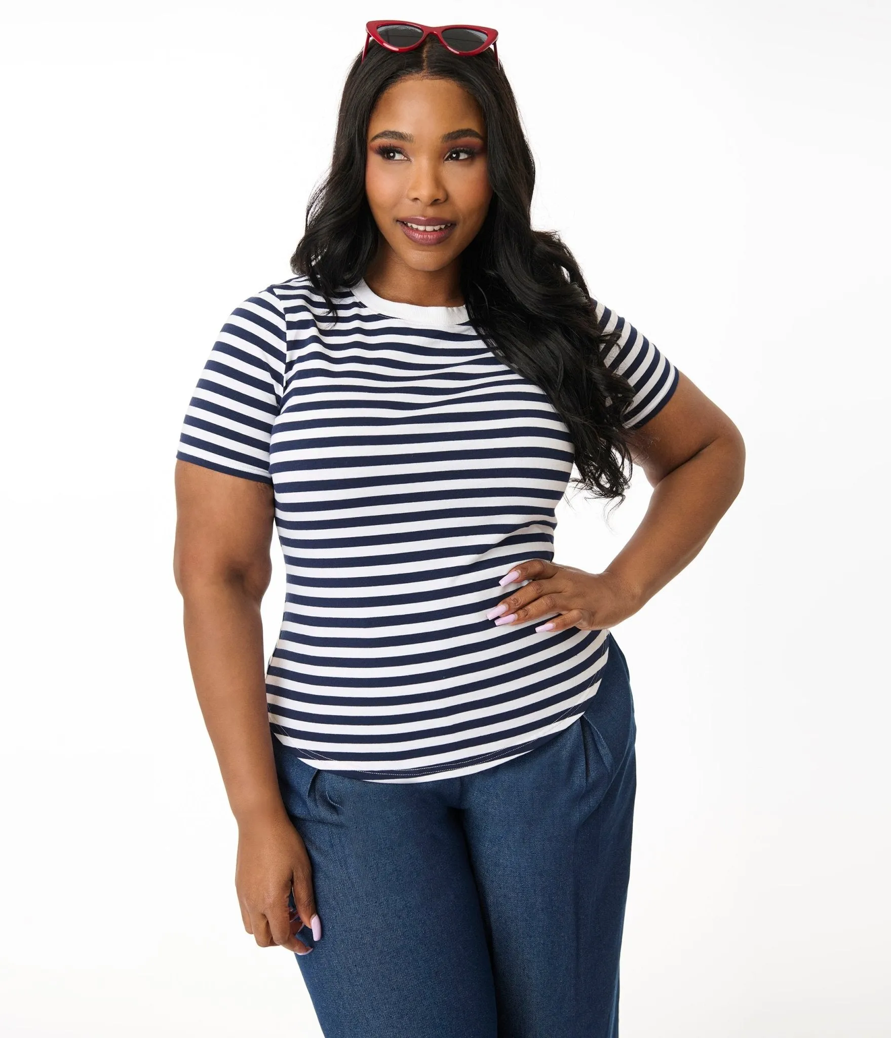 Unique Vintage Plus Size Navy & White Stripe Cotton Back To Basics Top Easy Date Night