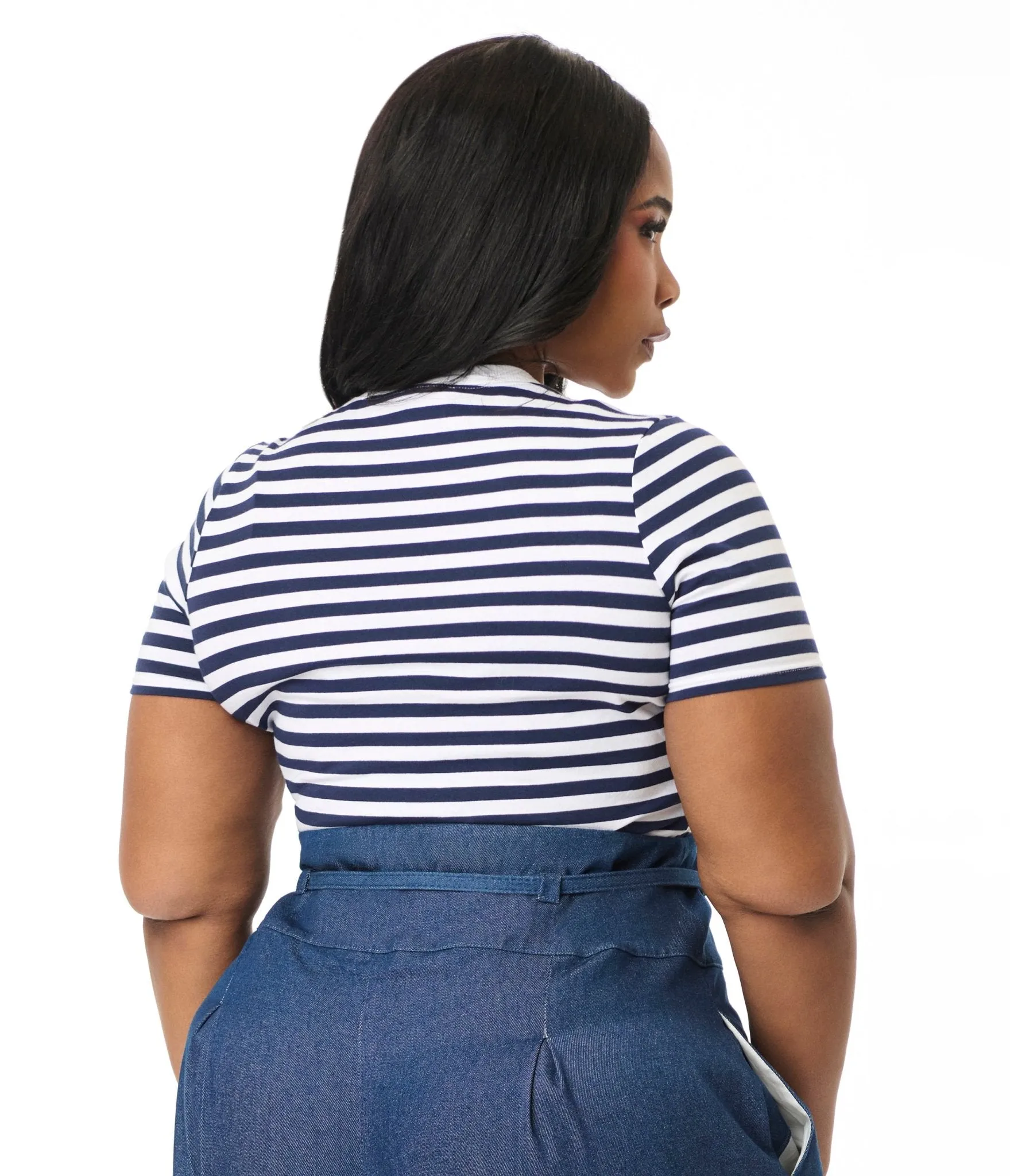 Unique Vintage Plus Size Navy & White Stripe Cotton Back To Basics Top Easy Date Night