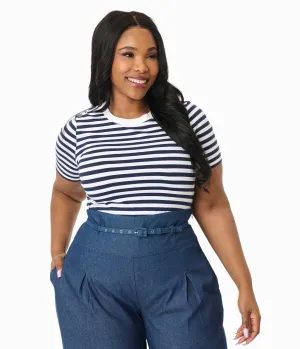 Unique Vintage Plus Size Navy & White Stripe Cotton Back To Basics Top Easy Date Night