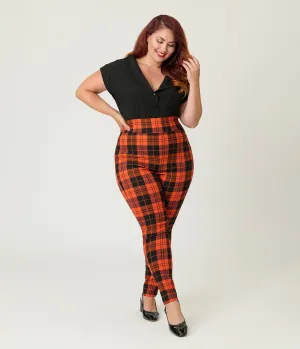 Unique Vintage Plus Size Orange Plaid Rizzo Cigarette Pants Comfortable Travel Wear