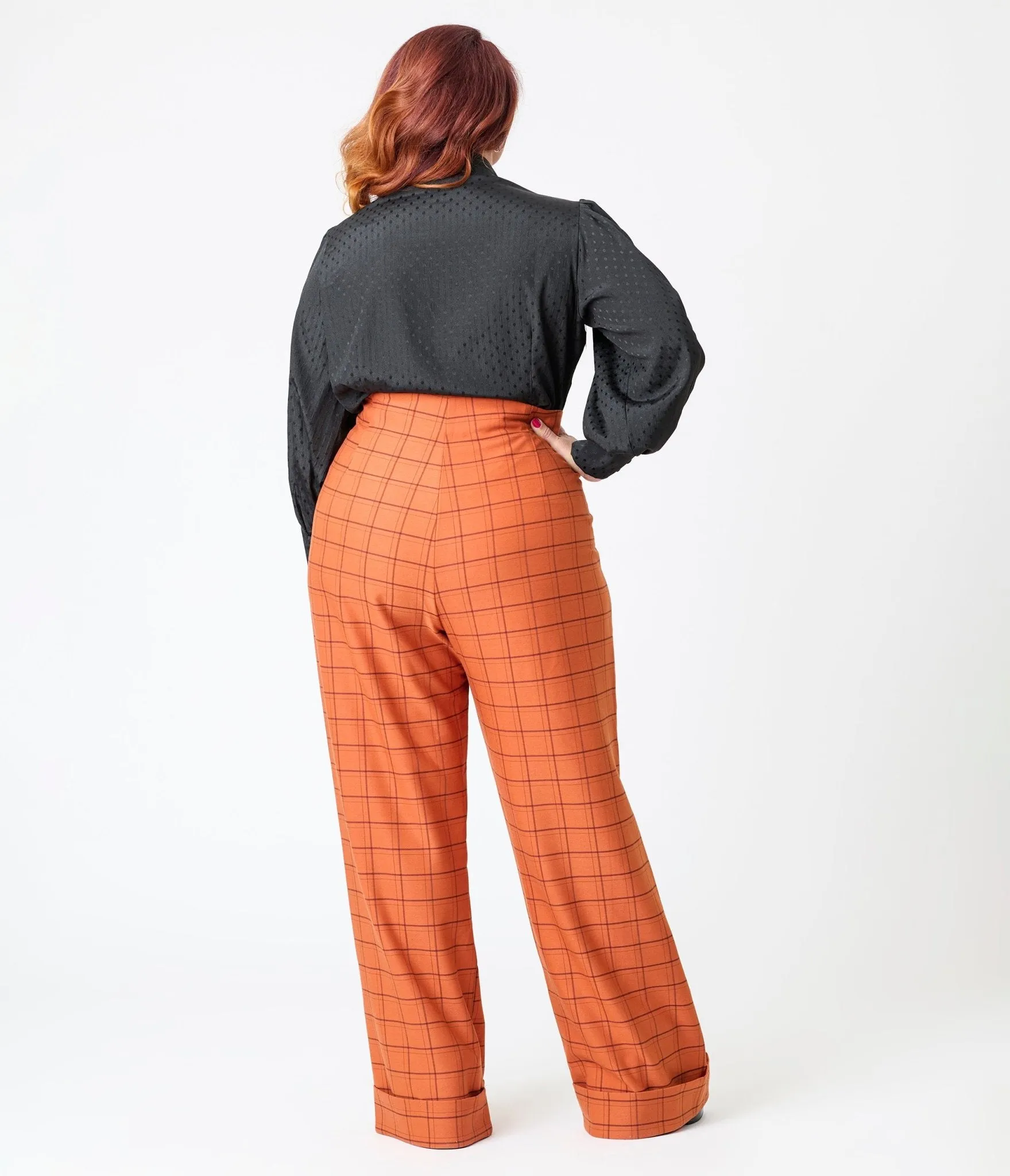 Unique Vintage Plus Size Orange Windowpane Buttoned Wide Leg Trousers Comfortable Travel Wear