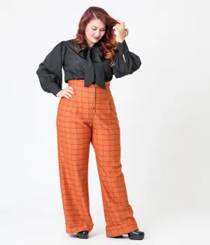 Unique Vintage Plus Size Orange Windowpane Buttoned Wide Leg Trousers Comfortable Travel Wear