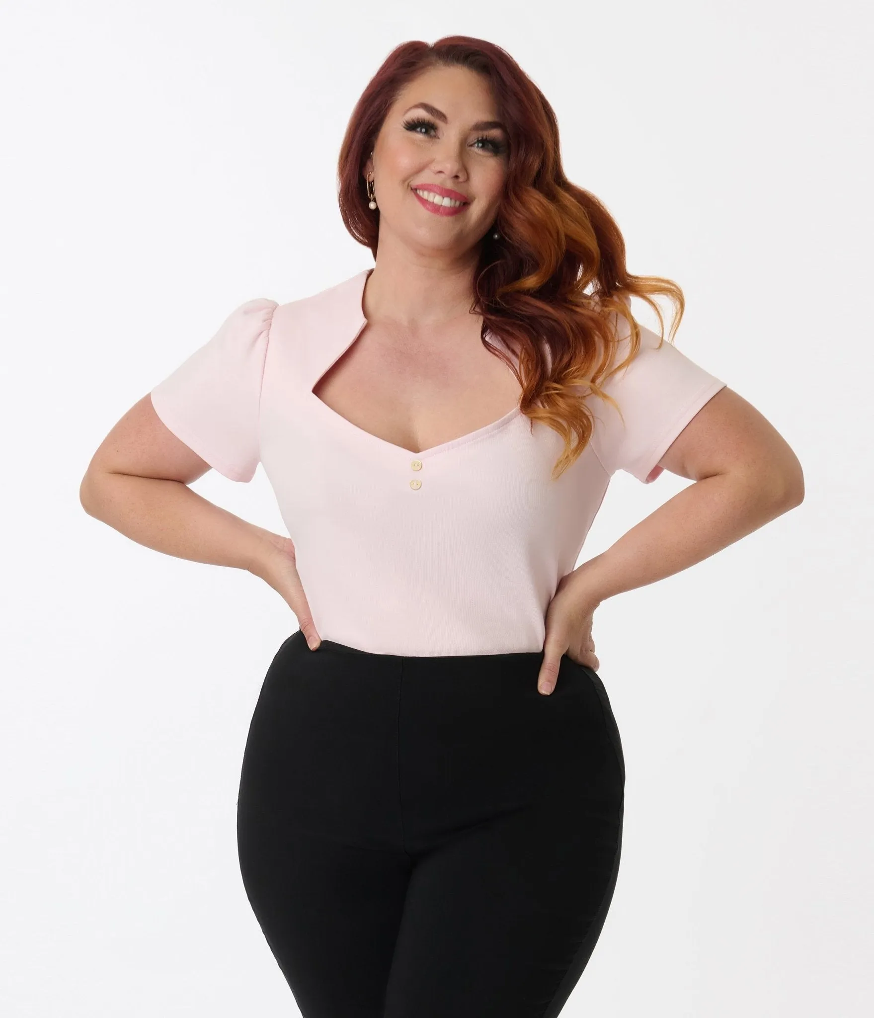Unique Vintage Plus Size Pale Pink Pentagon Collar Knit Top Easy Date Night