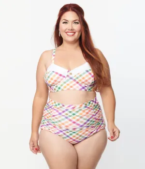 Unique Vintage Plus Size Pastel Madras Gingham Marlene Crop Swim Top Beach Vacation Ready
