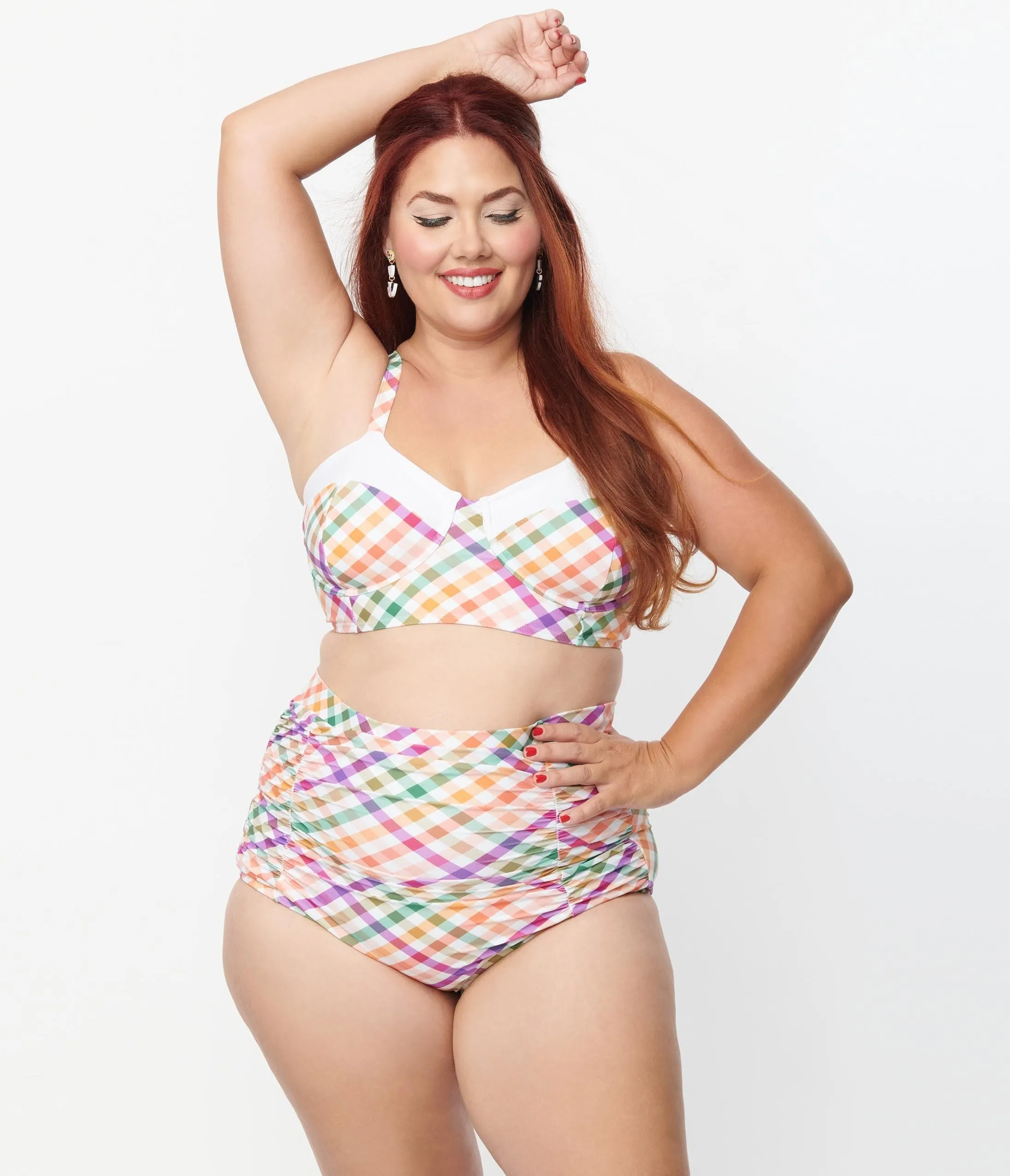 Unique Vintage Plus Size Pastel Madras Gingham Marlene Crop Swim Top Beach Vacation Ready