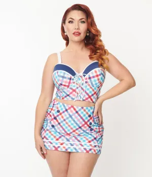 Unique Vintage Plus Size Pastel Madras Plaid Sailor Swim Bottom Beach Vacation Ready