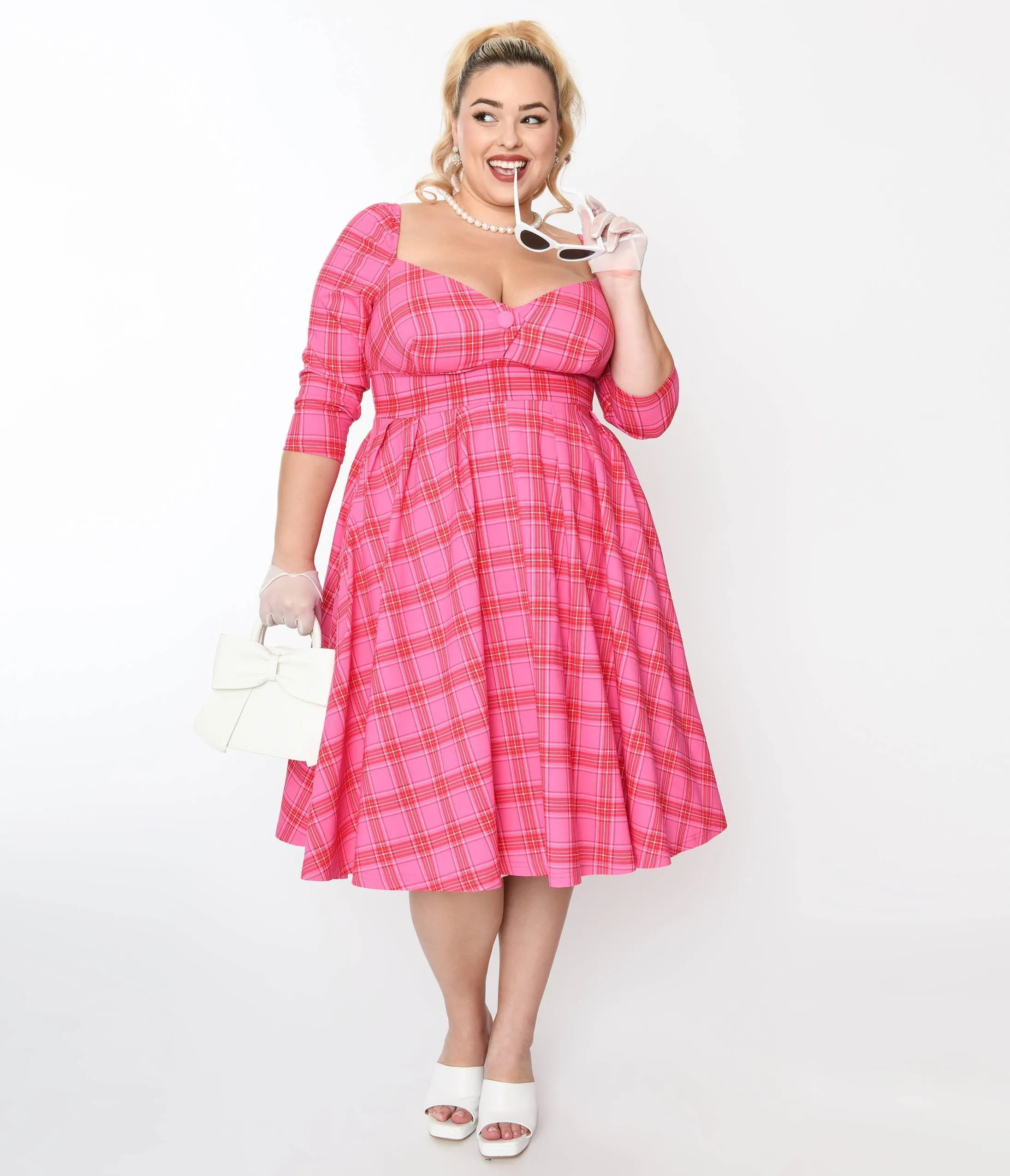 Unique Vintage Plus Size Pink & Red Plaid Lamar Swing Dress Casual Everyday Look