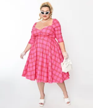 Unique Vintage Plus Size Pink & Red Plaid Lamar Swing Dress Casual Everyday Look