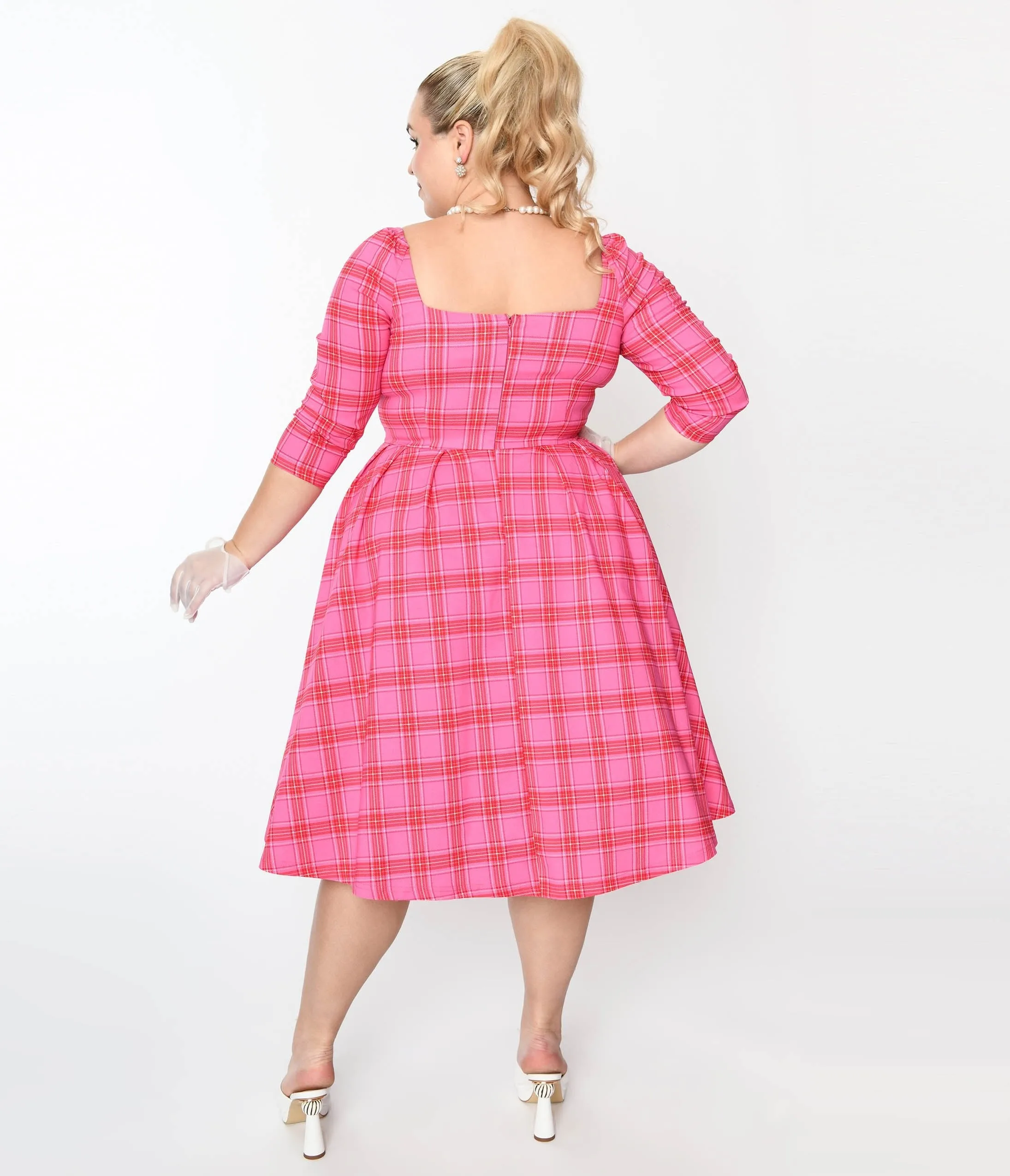 Unique Vintage Plus Size Pink & Red Plaid Lamar Swing Dress Casual Everyday Look