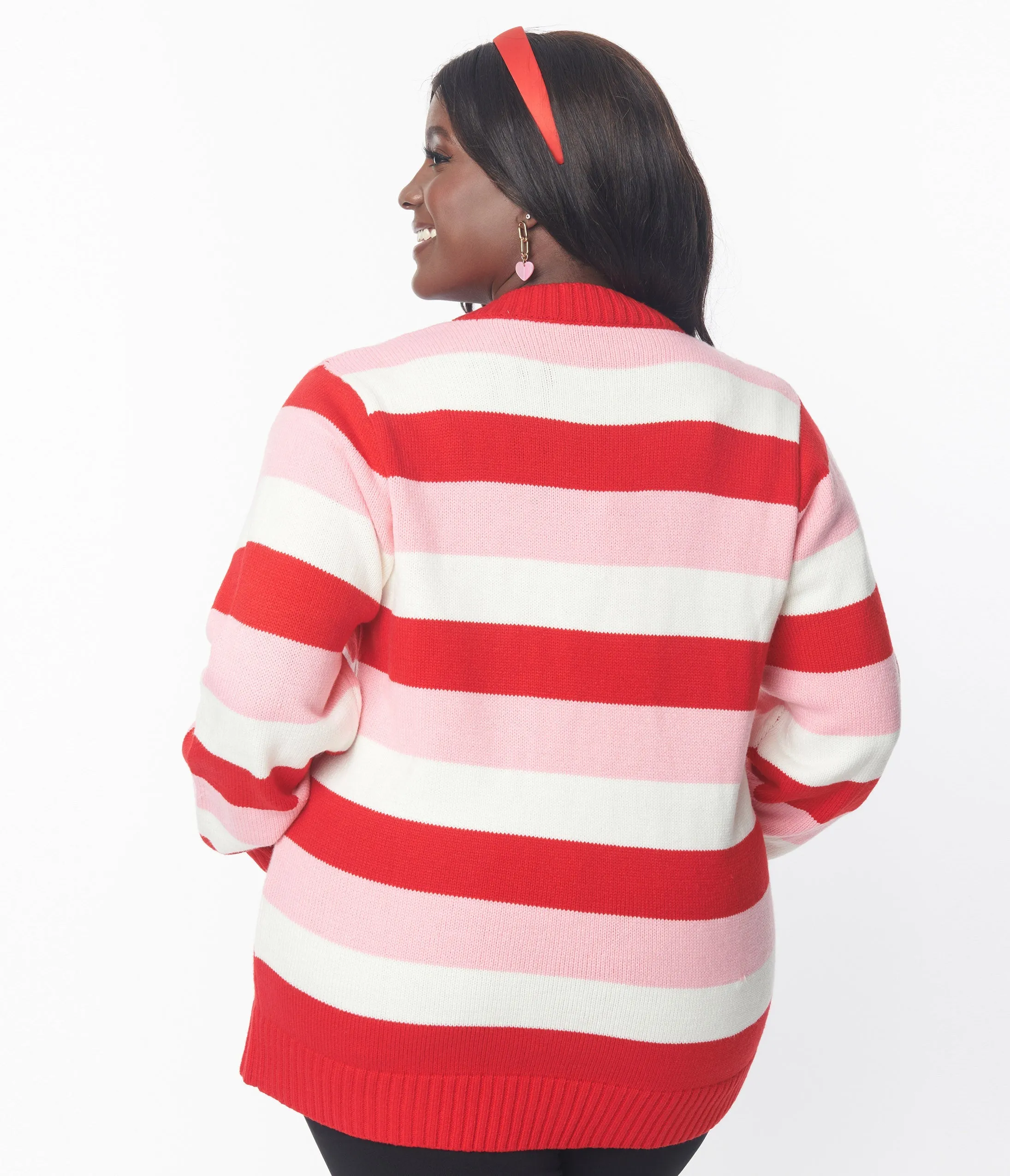 Unique Vintage Plus Size Pink & Red Striped Crochet Hearts Cardigan Easy Date Night