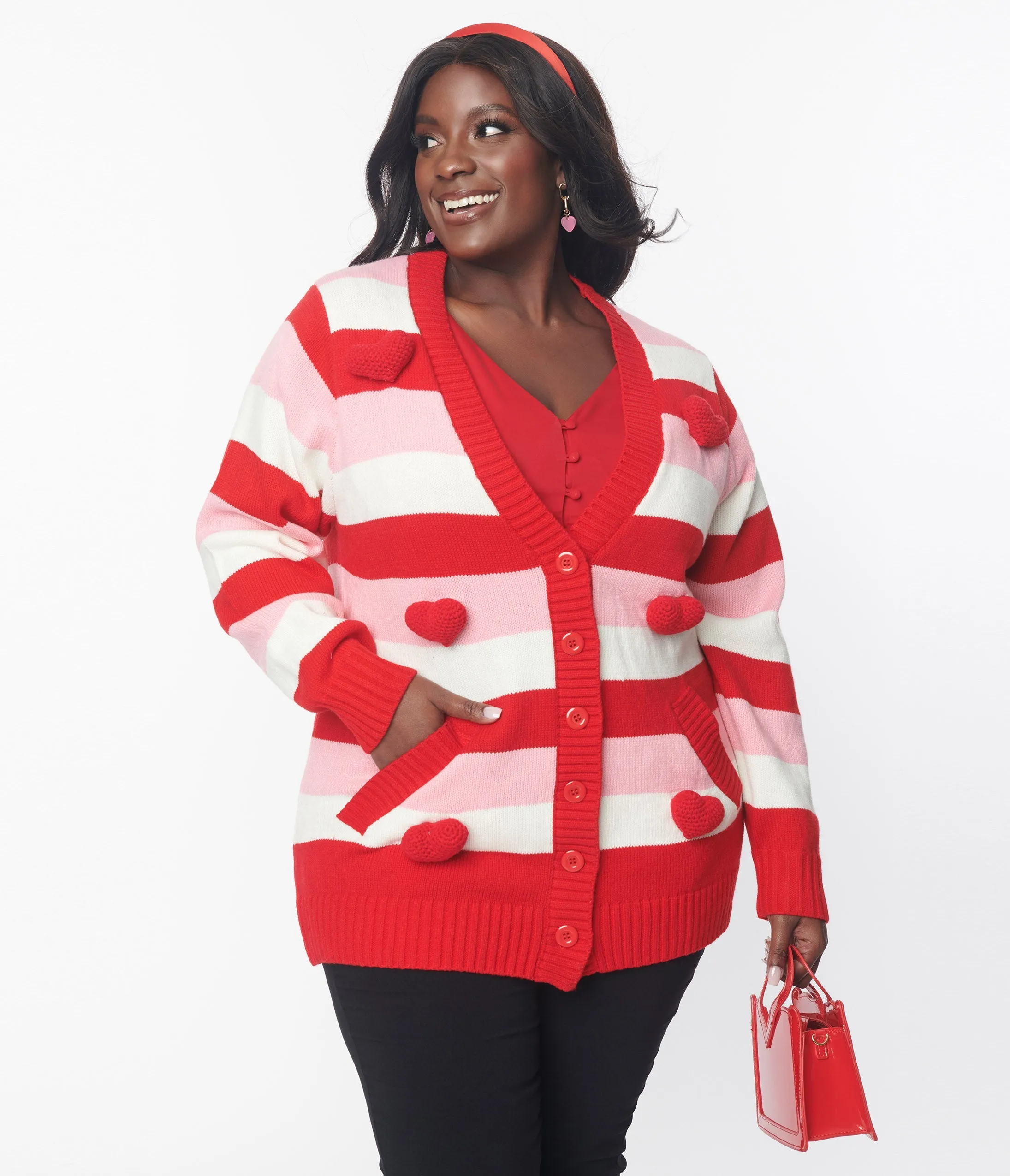 Unique Vintage Plus Size Pink & Red Striped Crochet Hearts Cardigan Easy Date Night