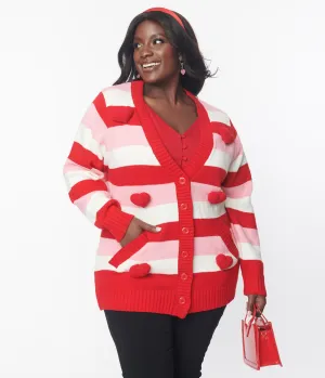 Unique Vintage Plus Size Pink & Red Striped Crochet Hearts Cardigan Easy Date Night