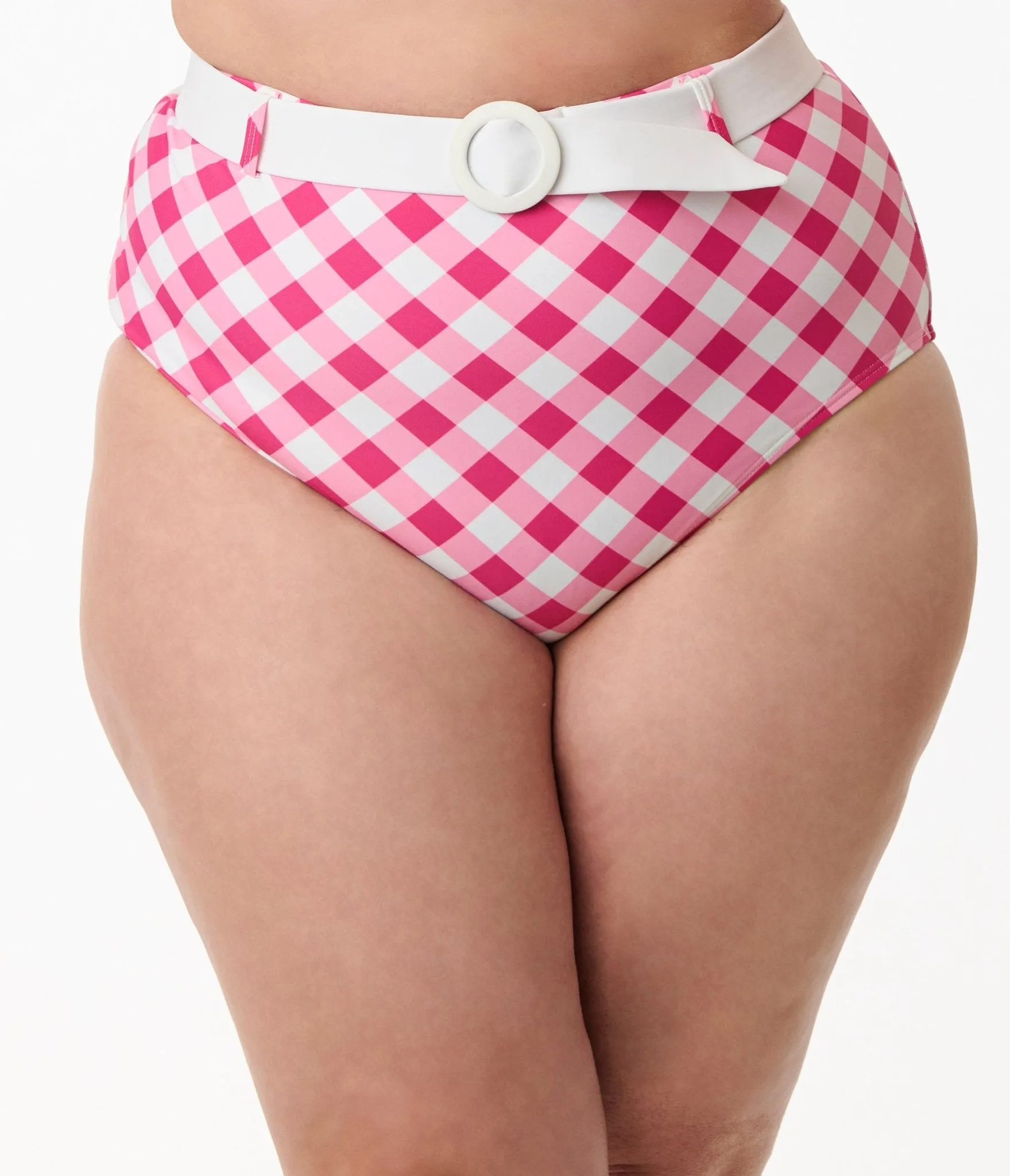 Unique Vintage Plus Size Pink & White Gingham Belted Redondo Swim Bottoms Beach Vacation Ready
