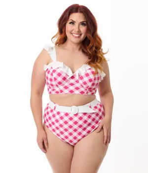 Unique Vintage Plus Size Pink & White Gingham Belted Redondo Swim Bottoms Beach Vacation Ready