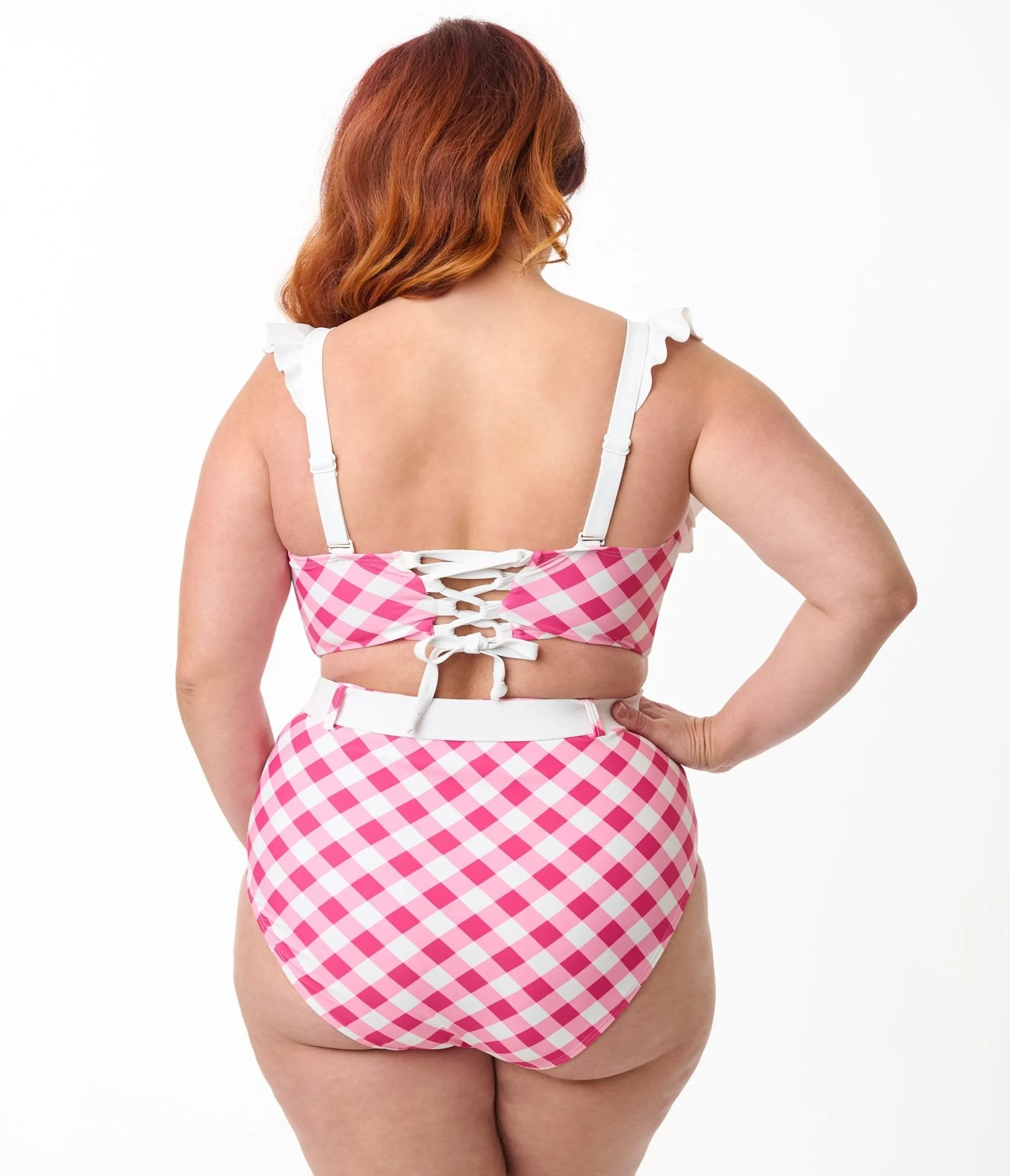 Unique Vintage Plus Size Pink & White Gingham Belted Redondo Swim Bottoms Beach Vacation Ready