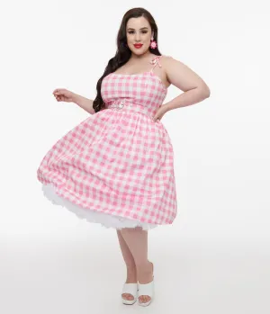 Unique Vintage Plus Size Pink & White Gingham Bobbie Swing Dress Casual Everyday Look