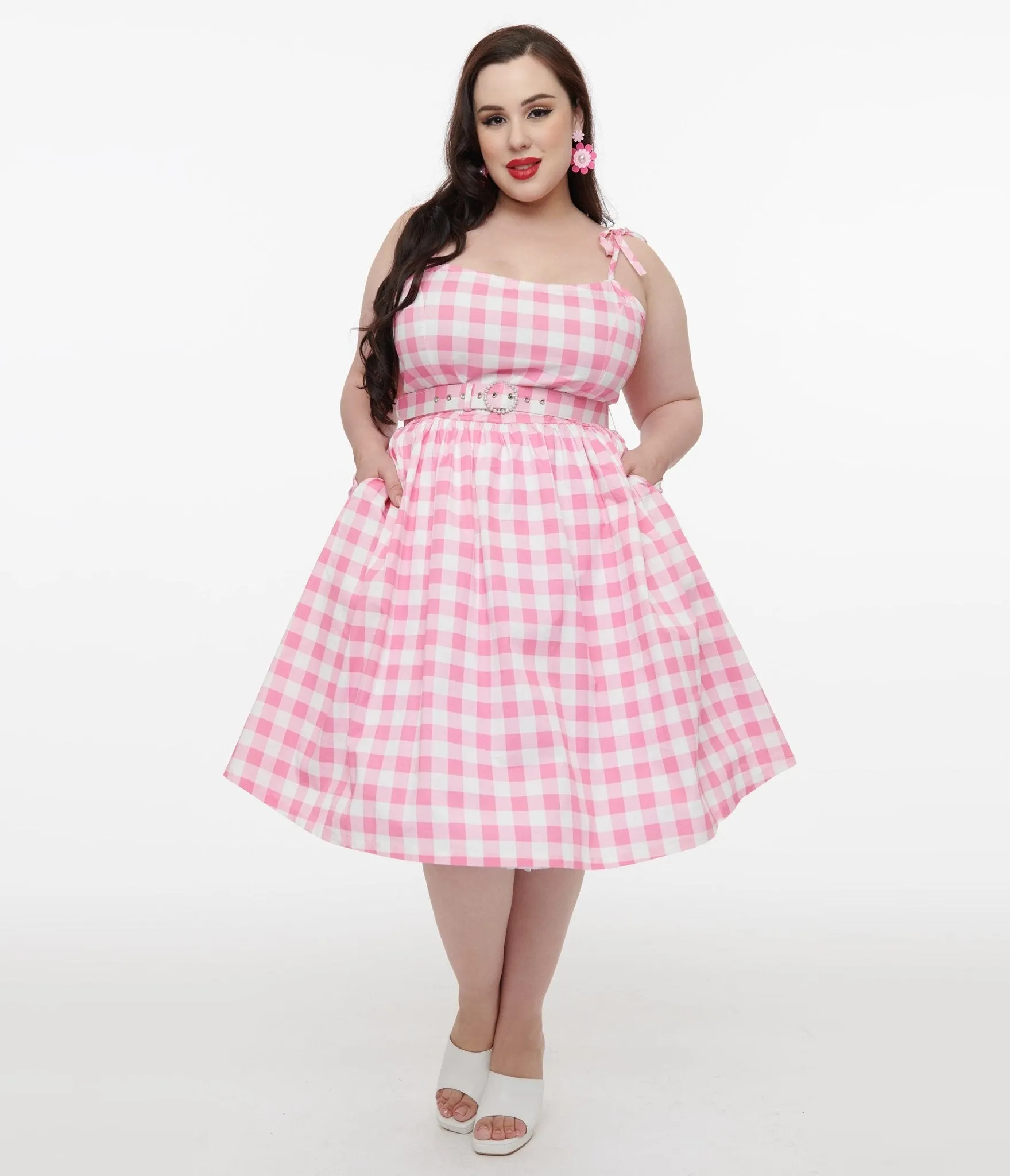 Unique Vintage Plus Size Pink & White Gingham Bobbie Swing Dress Casual Everyday Look