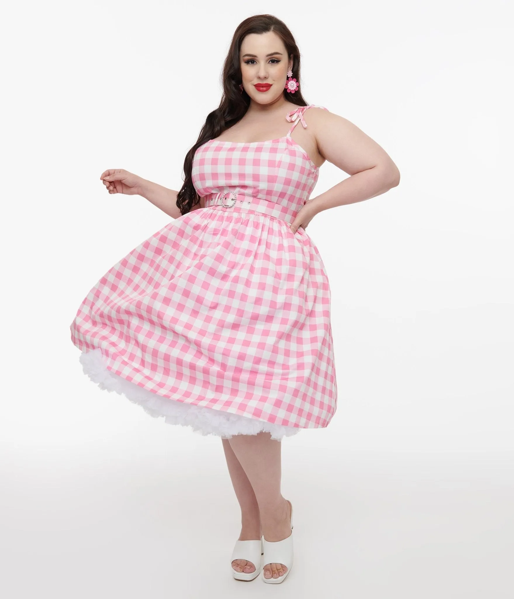 Unique Vintage Plus Size Pink & White Gingham Bobbie Swing Dress Casual Everyday Look