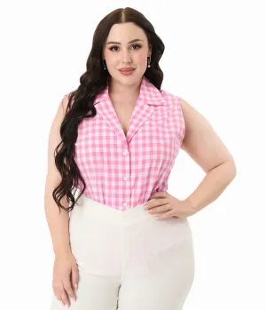 Unique Vintage Plus Size Pink & White Gingham Notched Collar Cotton Blouse Easy Date Night