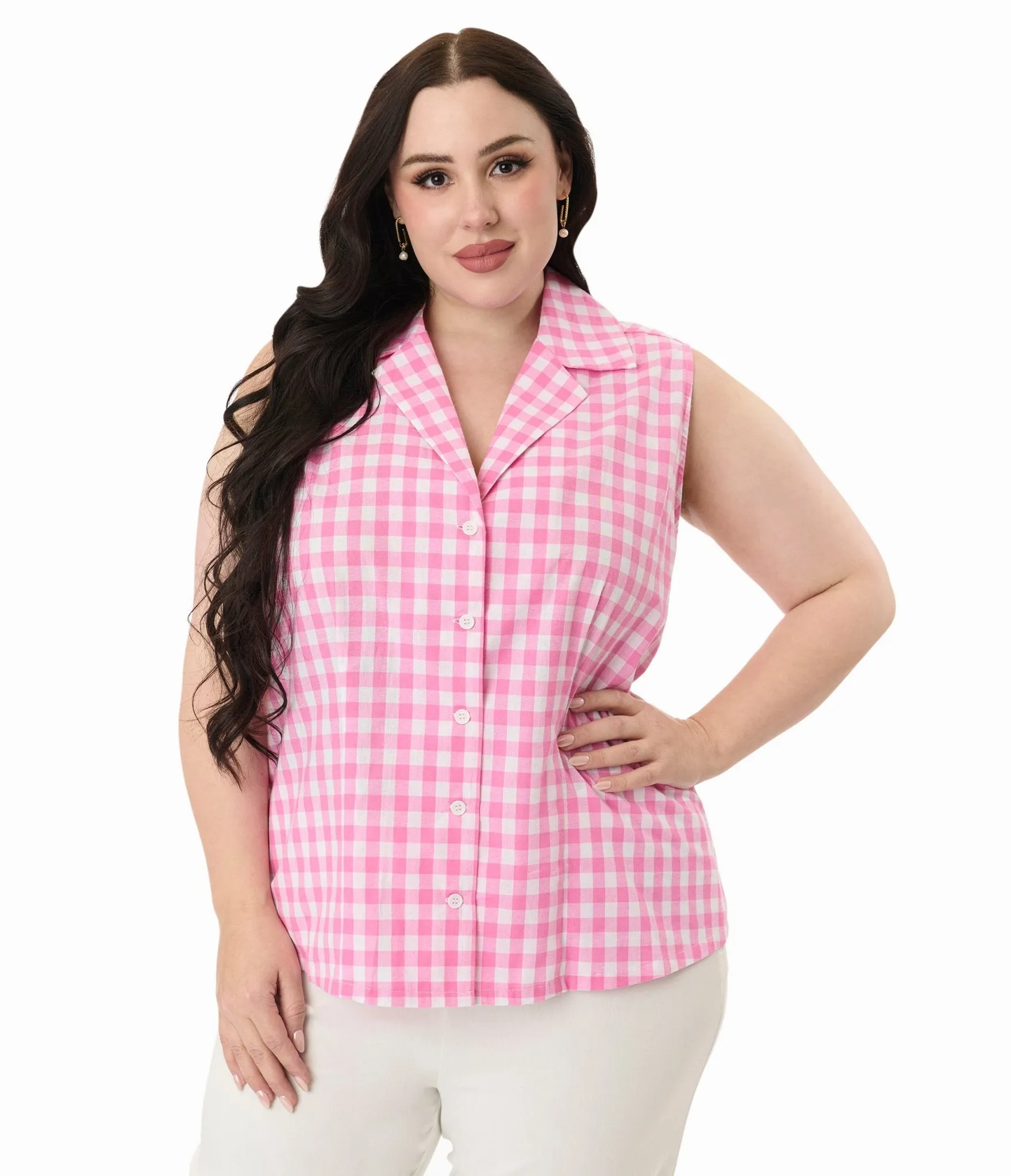 Unique Vintage Plus Size Pink & White Gingham Notched Collar Cotton Blouse Easy Date Night