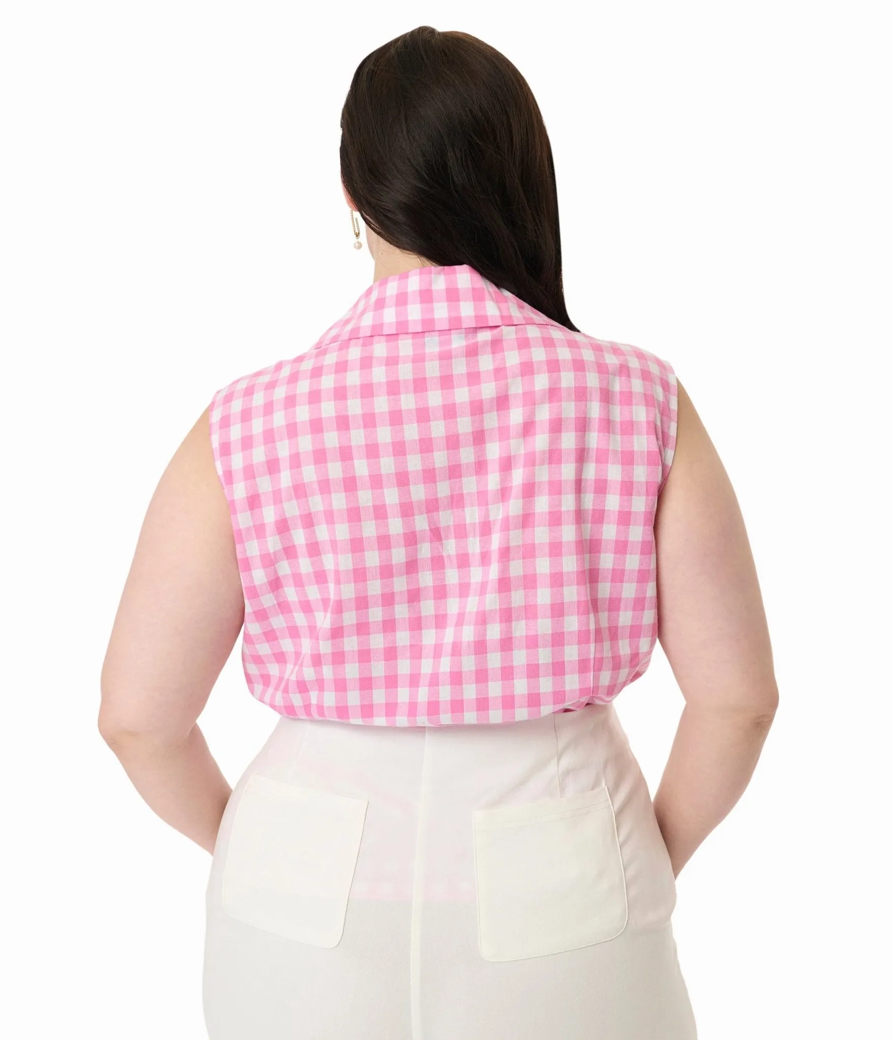 Unique Vintage Plus Size Pink & White Gingham Notched Collar Cotton Blouse Easy Date Night