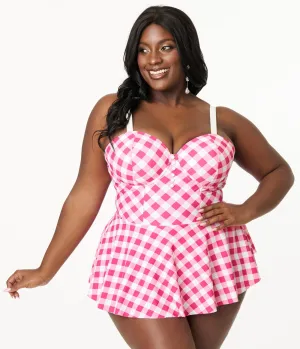 Unique Vintage Plus Size Pink & White Gingham Skirted One Piece Swimsuit Beach Vacation Ready