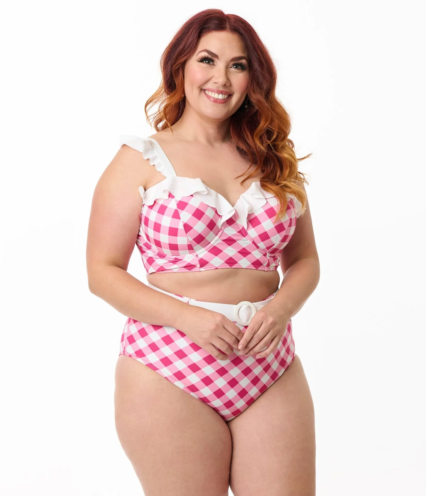 Unique Vintage Plus Size Pink & White Gingham Southampton Swim Top Beach Vacation Ready