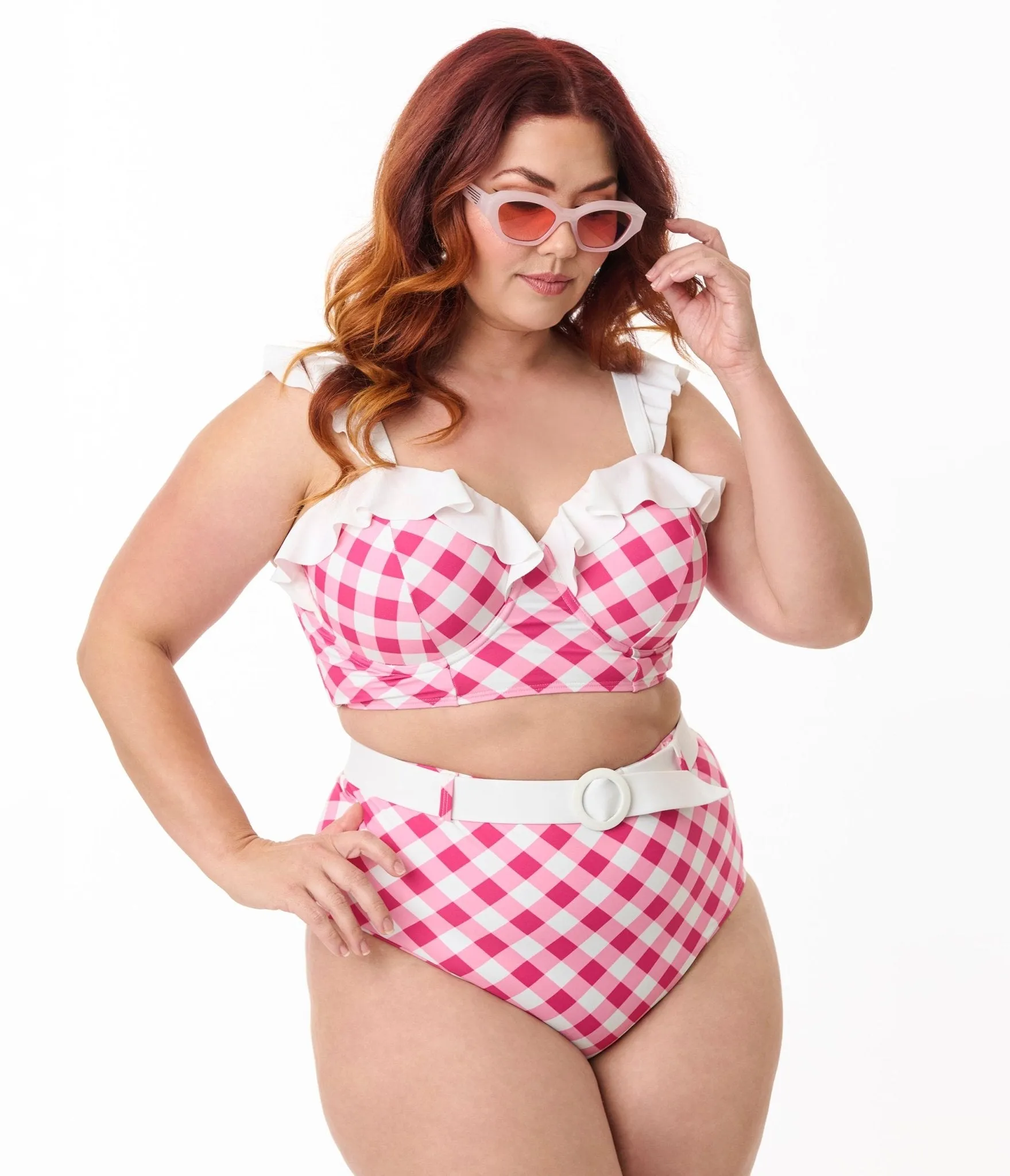 Unique Vintage Plus Size Pink & White Gingham Southampton Swim Top Beach Vacation Ready