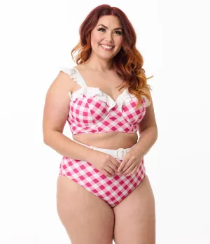 Unique Vintage Plus Size Pink & White Gingham Southampton Swim Top Beach Vacation Ready