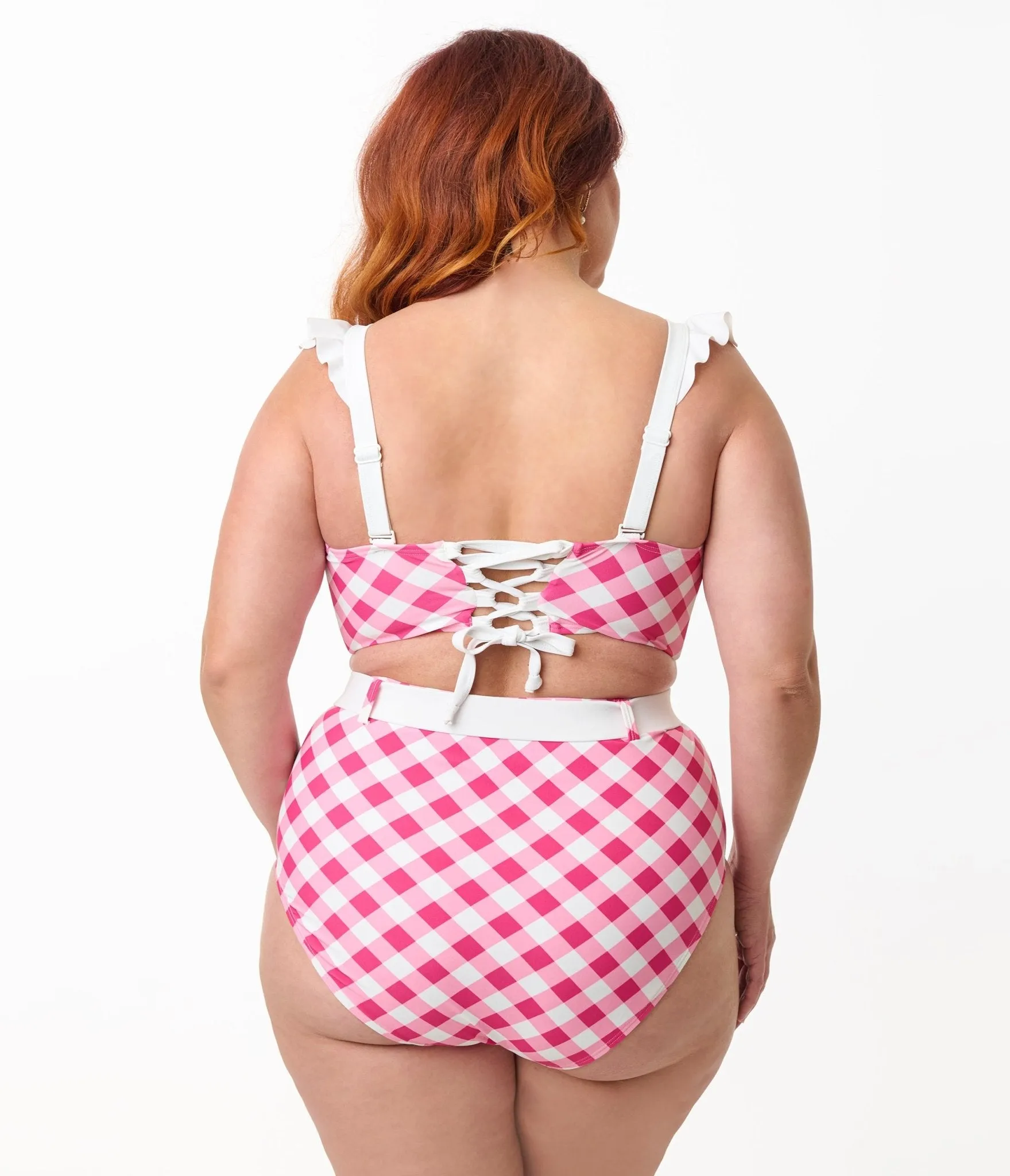 Unique Vintage Plus Size Pink & White Gingham Southampton Swim Top Beach Vacation Ready
