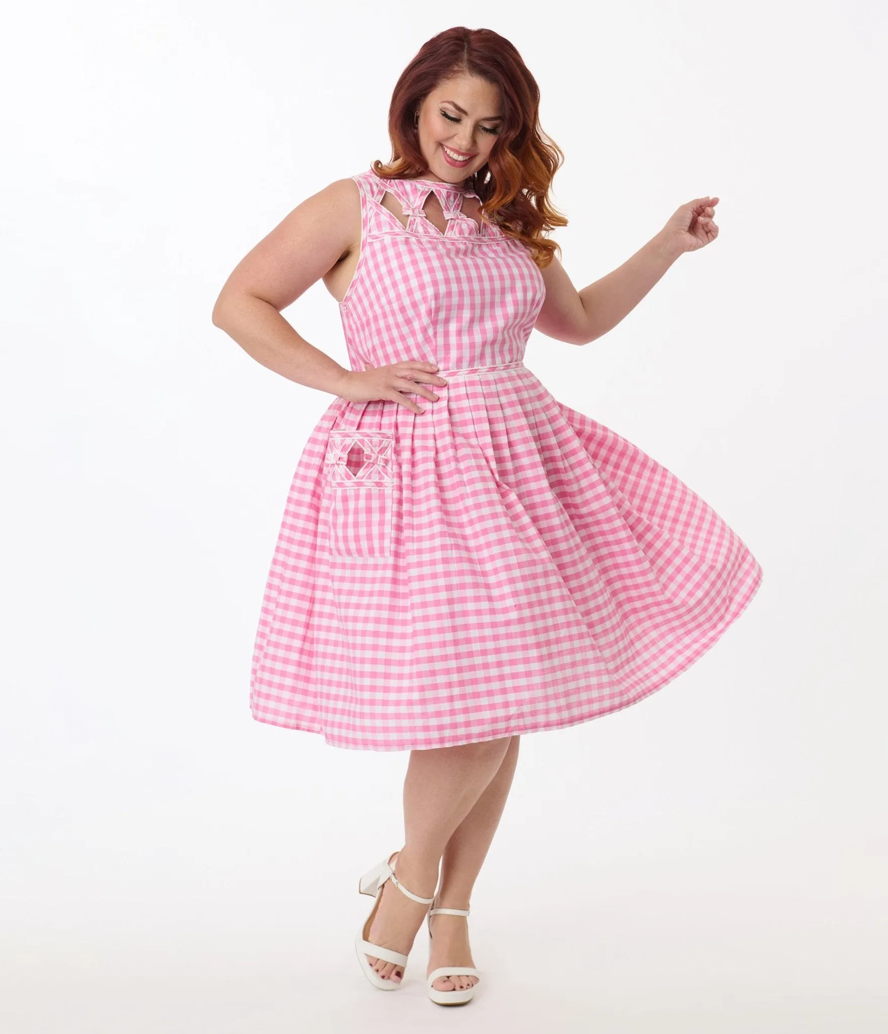 Unique Vintage Plus Size Pink Gingham Picnic Weave Swing Dress Casual Everyday Look